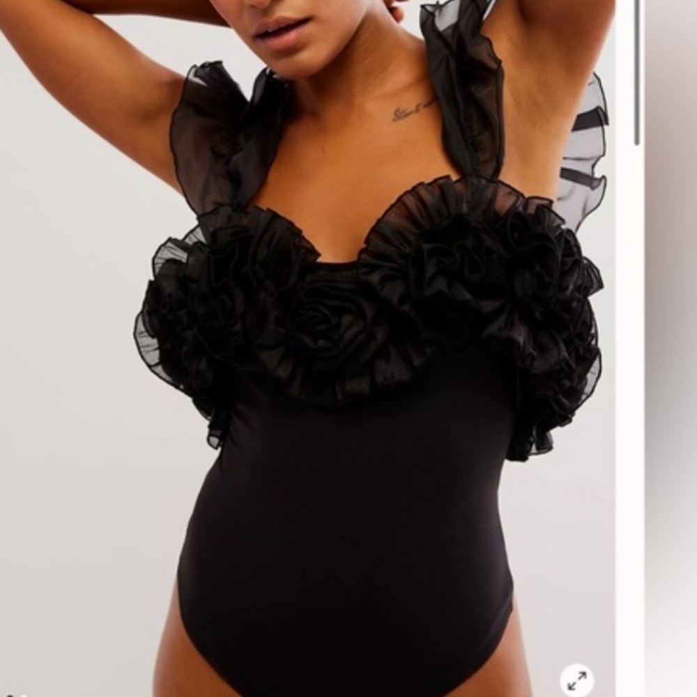 Free People 3D Rose Organza Ruffled Black Bodysuit - Size M